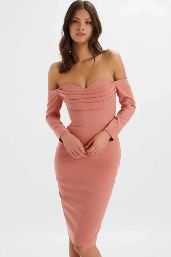 Lavish Alice Lila Bardot Draped Bust Bodycon Midi Dress In Rose Pink Sale