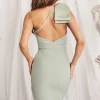 Lavish Alice Lillian One Shoulder Satin Bow Midi Dress In Sage Green New