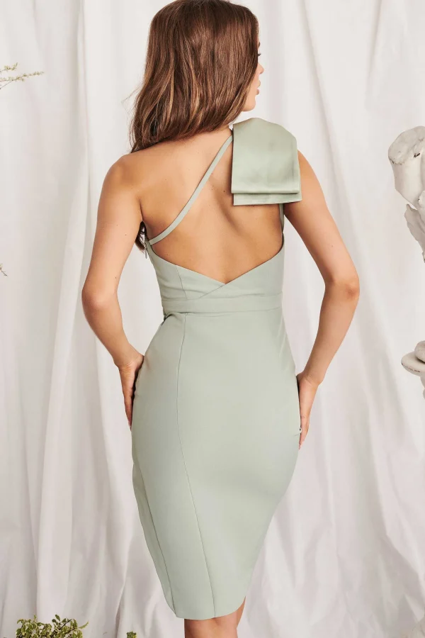 Lavish Alice Lillian One Shoulder Satin Bow Midi Dress In Sage Green New