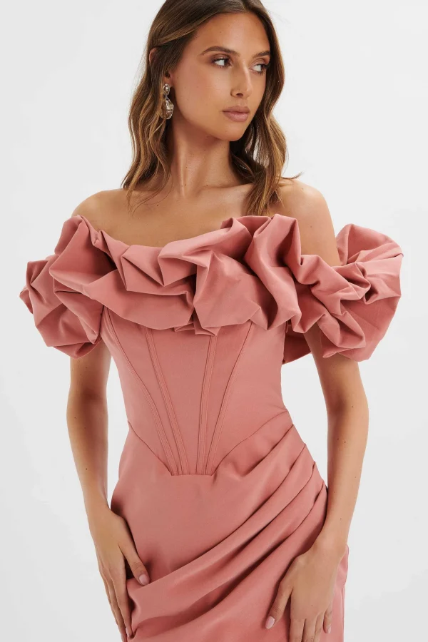 Lavish Alice Lilly Extreme Ruffle Bardot Midi Dress In Rose Pink Discount