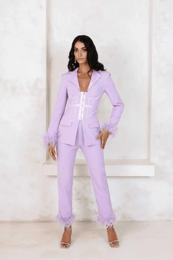 Lavish Alice Lily Feather Trim Trousers In Lilac Fashion