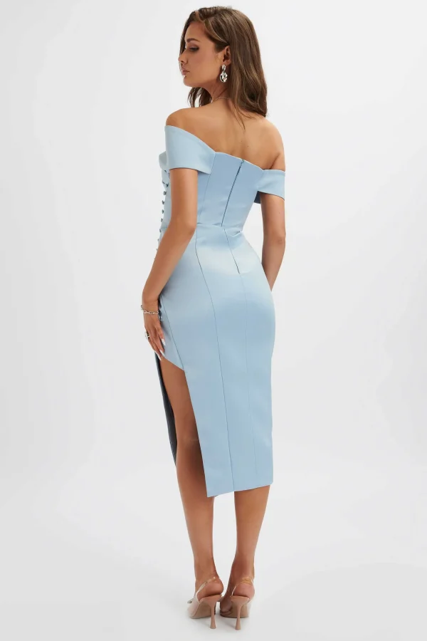 Lavish Alice Lucille Bardot Bandeau Pleated Midi Dress In Cornflower Blue Store