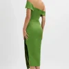 Lavish Alice Lucille Bardot Bandeau Pleated Midi Dress In Green Clearance