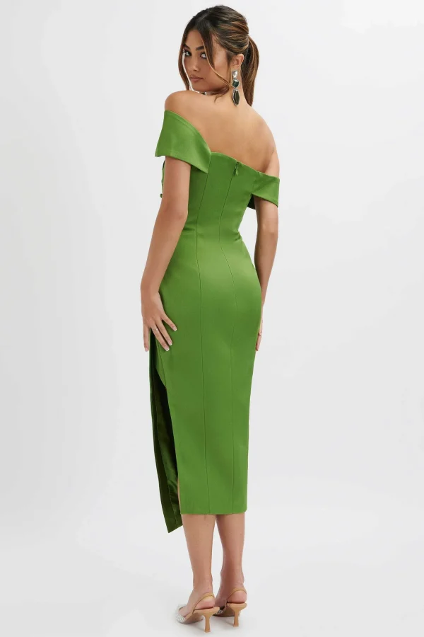 Lavish Alice Lucille Bardot Bandeau Pleated Midi Dress In Green Clearance