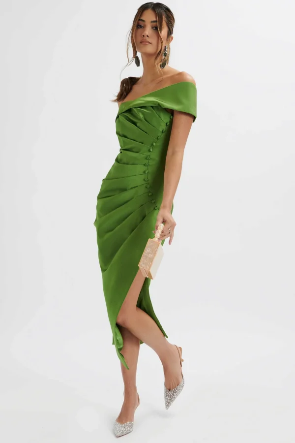 Lavish Alice Lucille Bardot Bandeau Pleated Midi Dress In Green Clearance