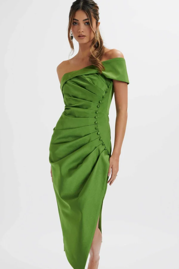 Lavish Alice Lucille Bardot Bandeau Pleated Midi Dress In Green Clearance