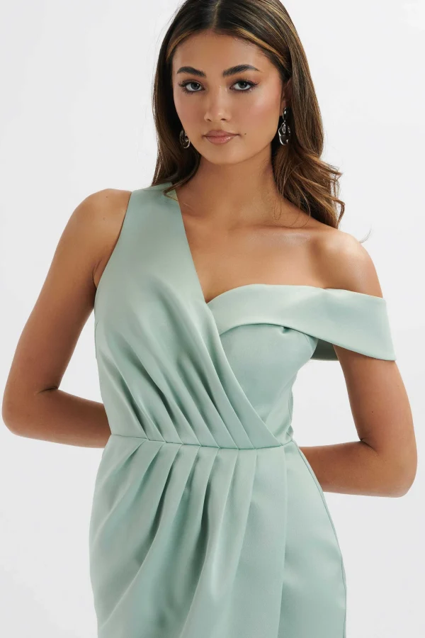 Lavish Alice Maja One Shoulder Pleated Bonded Satin Midi Dress In Sage Green Cheap