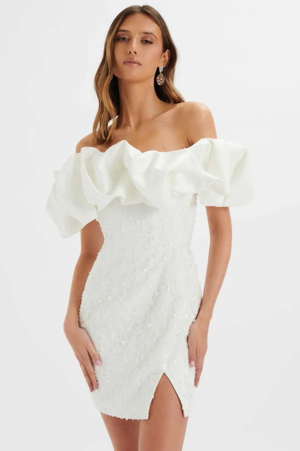 Lavish Alice Marcia 3D Embroidered Satin Puff Mini Dress In White Cheap