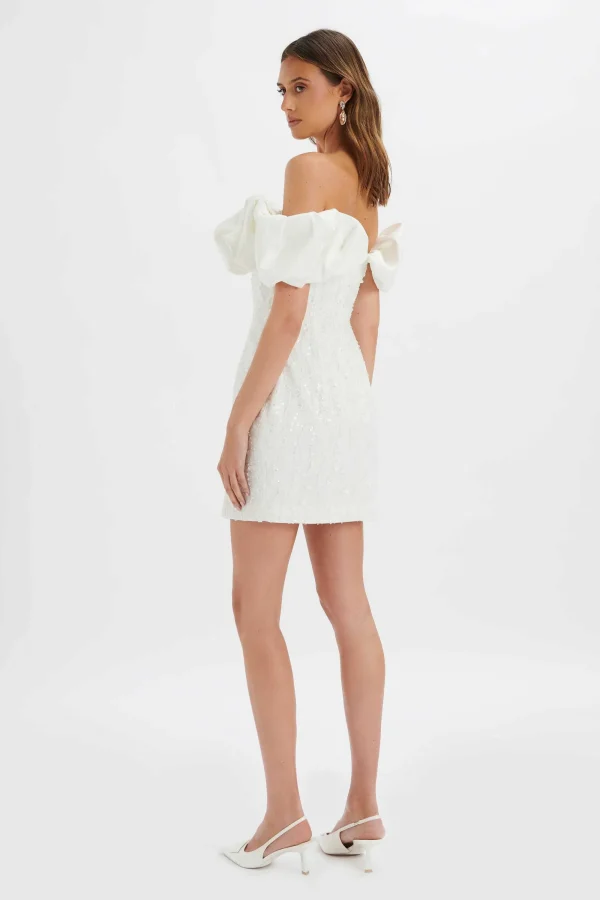 Lavish Alice Marcia 3D Embroidered Satin Puff Mini Dress In White Cheap