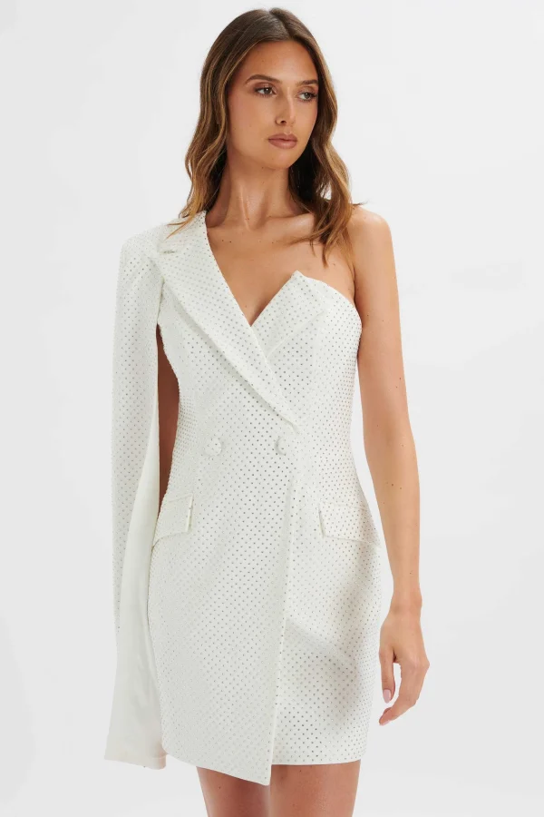 Lavish Alice Marcy Crystal Embellished One Shoulder Cape Blazer Dress In White Shop