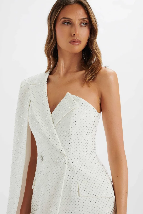 Lavish Alice Marcy Crystal Embellished One Shoulder Cape Blazer Dress In White Shop