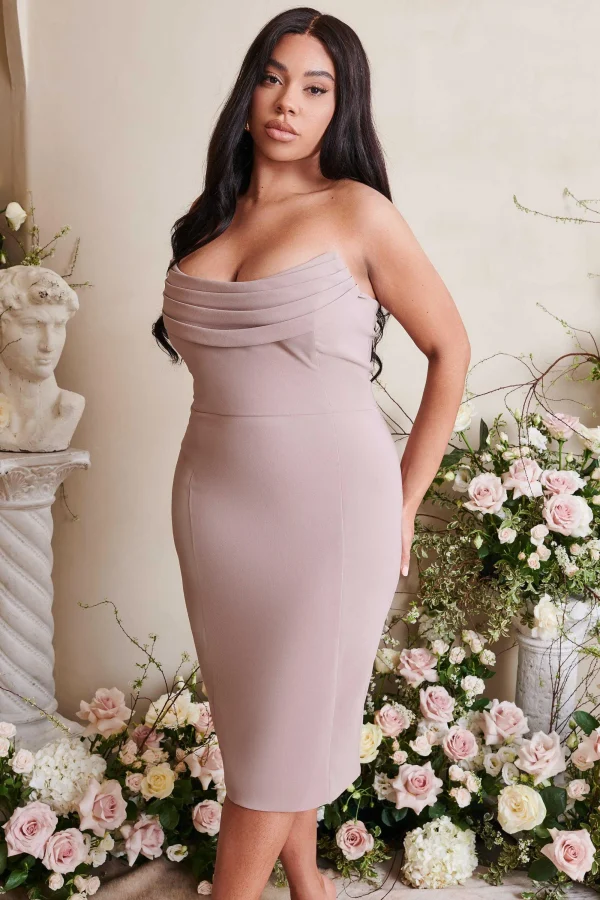 Lavish Alice Maria Curve Cowl Front Bandeau Midi Pencil Dress In Stone Sale