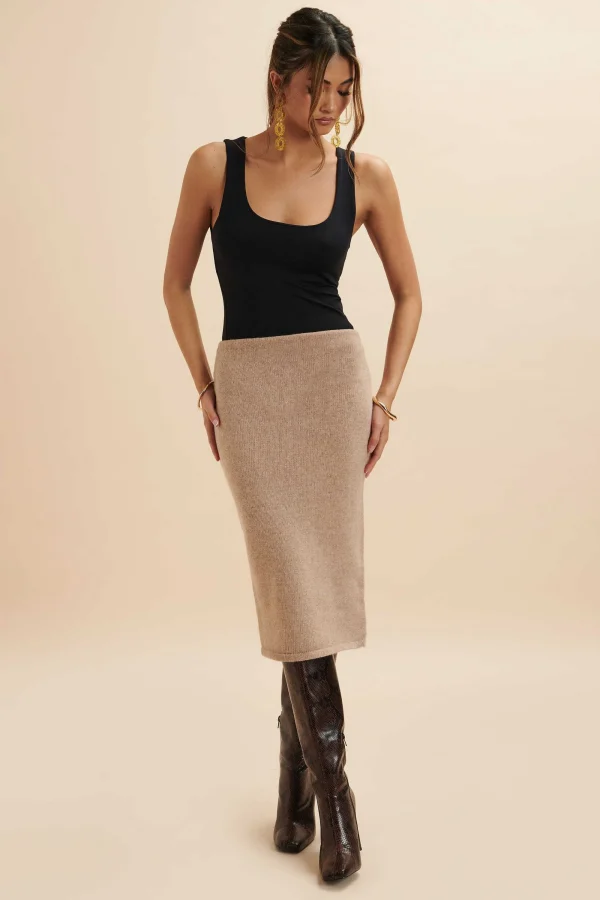 Lavish Alice Martina Knitted Cashmere Blend Midi Skirt In Beige Best Sale