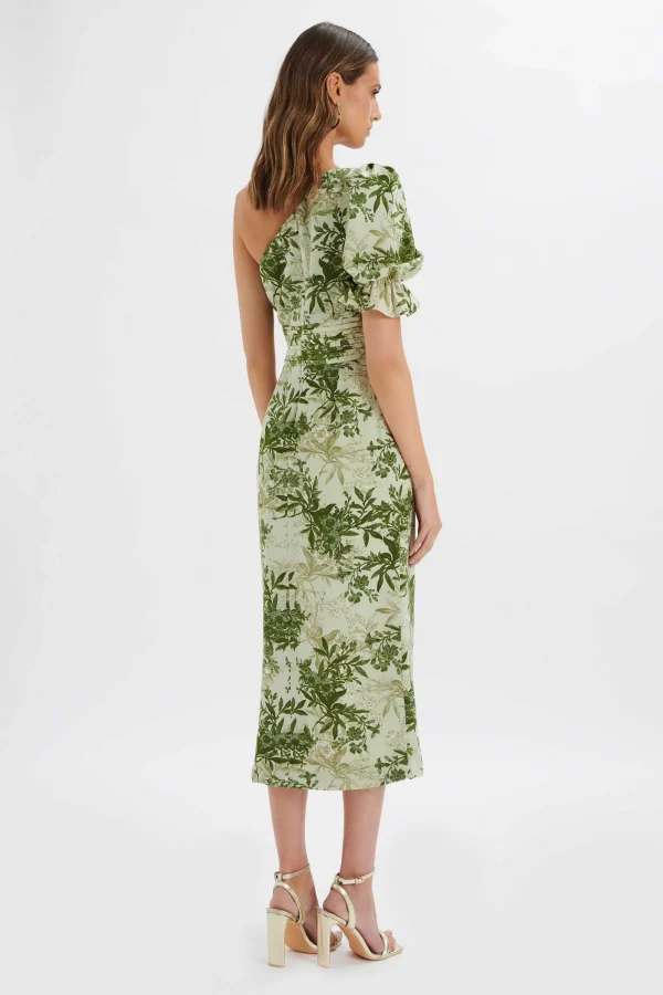 Lavish Alice Nakia Asymmetric Puff Sleeve Midi Dress In Botanical Print Flash Sale