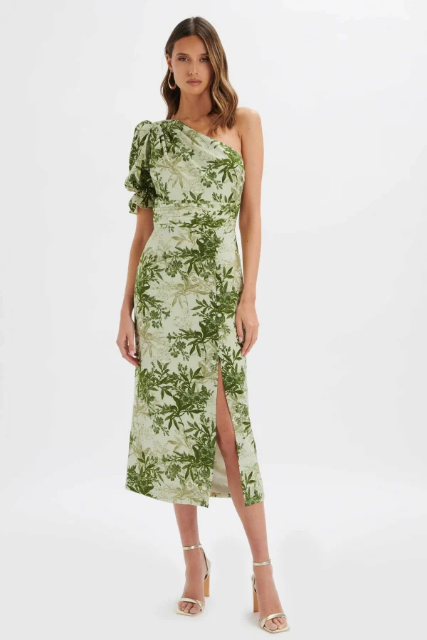 Lavish Alice Nakia Asymmetric Puff Sleeve Midi Dress In Botanical Print Flash Sale