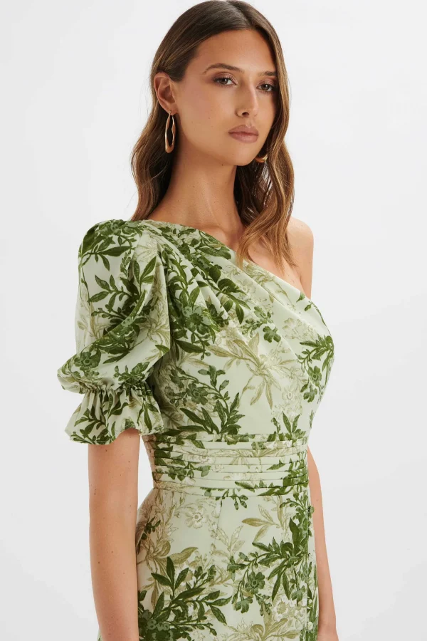 Lavish Alice Nakia Asymmetric Puff Sleeve Midi Dress In Botanical Print Flash Sale