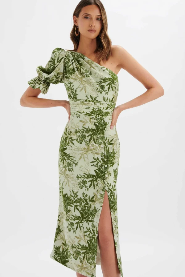 Lavish Alice Nakia Asymmetric Puff Sleeve Midi Dress In Botanical Print Flash Sale