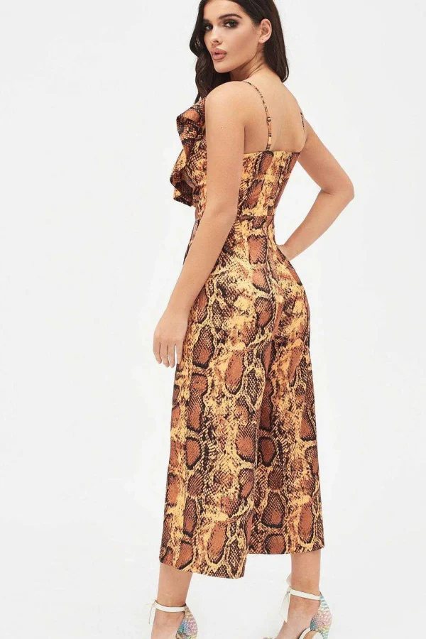 Lavish Alice Nora Satin Frill Wrap Culotte Jumpsuit In Golden Yellow Snake Print Fashion