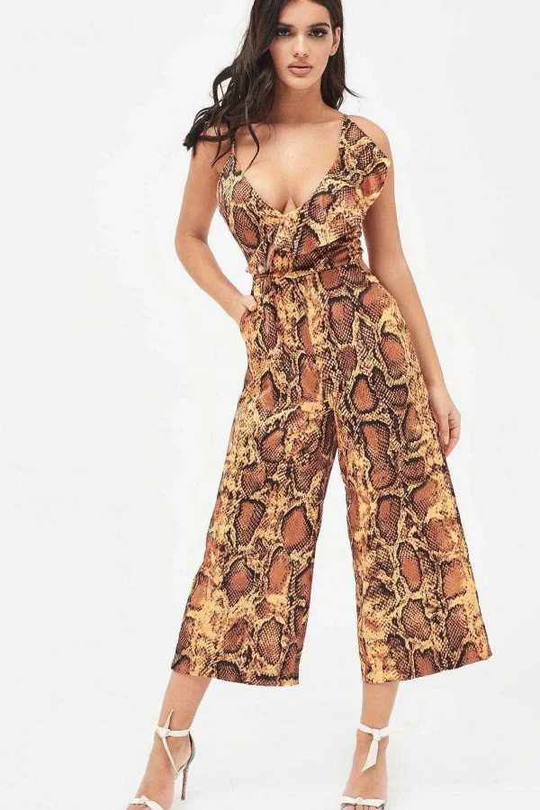 Lavish Alice Nora Satin Frill Wrap Culotte Jumpsuit In Golden Yellow Snake Print Fashion