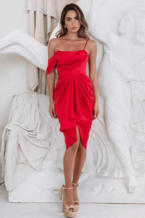 Lavish Alice Noura Asymmetric Draped Satin Midi Dress In Red Clearance