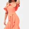 Lavish Alice Paisley Bardot Frill Halterneck Midi Dress In Neon Coral Store