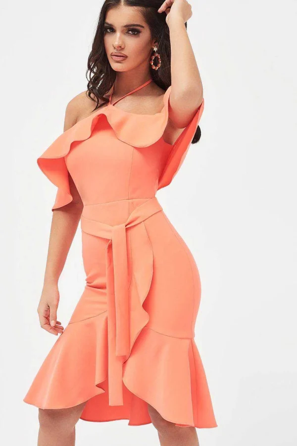 Lavish Alice Paisley Bardot Frill Halterneck Midi Dress In Neon Coral Store