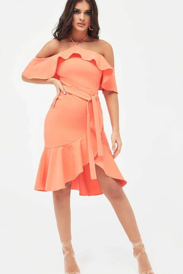 Lavish Alice Paisley Bardot Frill Halterneck Midi Dress In Neon Coral Store