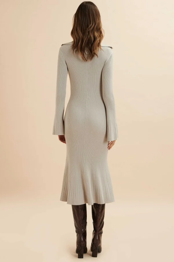 Lavish Alice Parker Knitted Ribbed Fit & Flare Collared Dress In Stone Cheap