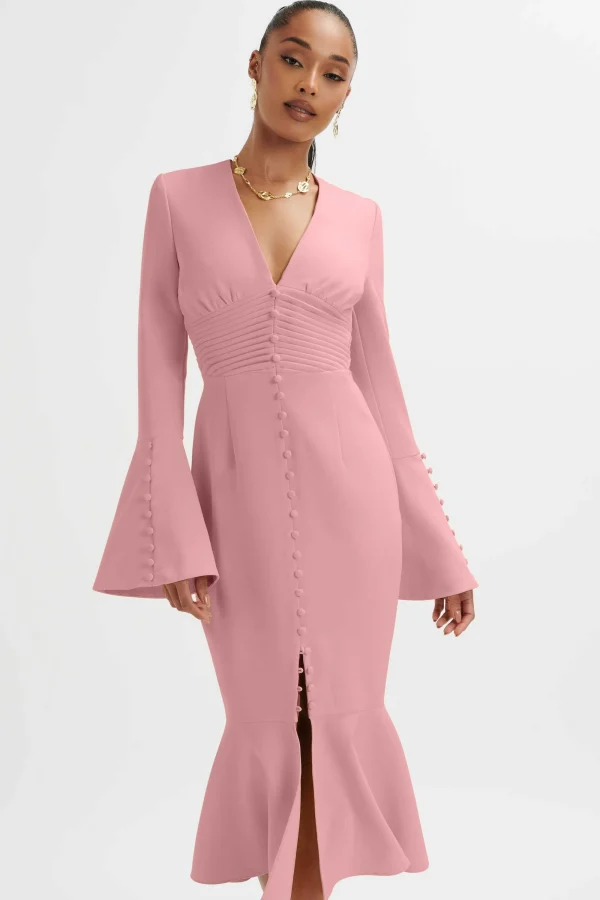 Lavish Alice **Pre-Order** Salma Fluted Sleeve Longline Fishtail Midi Dress In Pink Hot