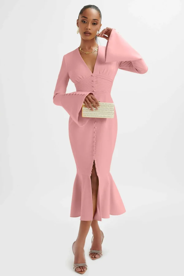 Lavish Alice **Pre-Order** Salma Fluted Sleeve Longline Fishtail Midi Dress In Pink Hot