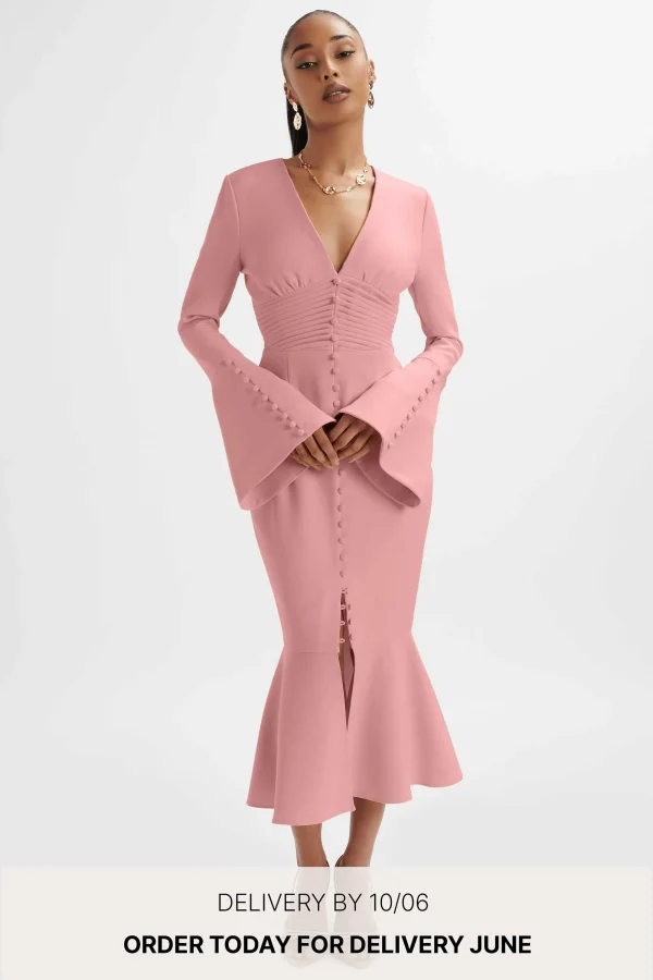 Lavish Alice **Pre-Order** Salma Fluted Sleeve Longline Fishtail Midi Dress In Pink Hot