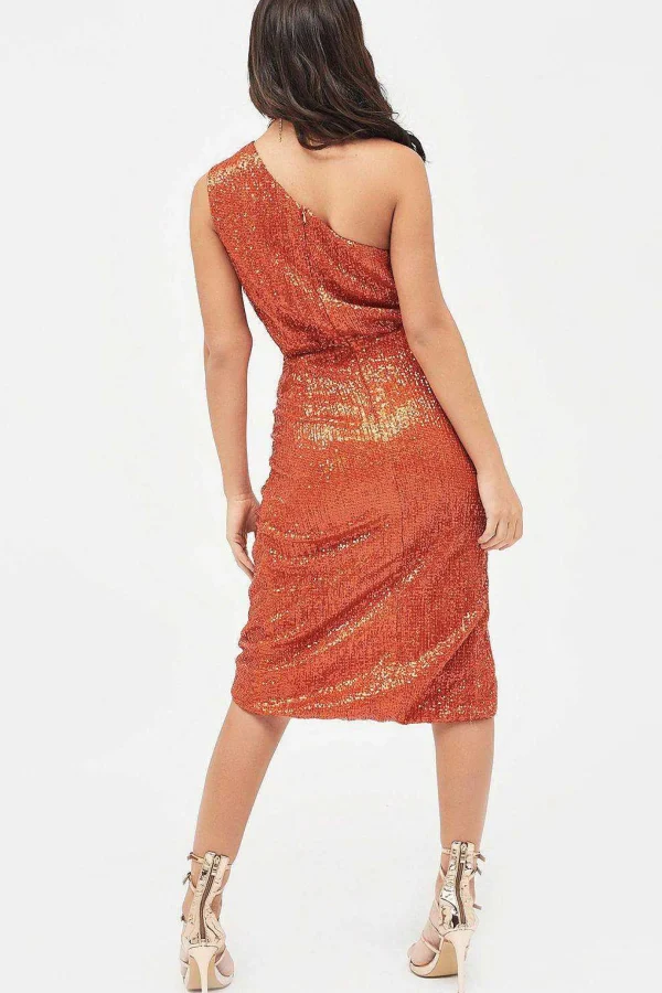 Lavish Alice Quinn Pleated Sequin One Shoulder Cut Out Ruched Side Midi Dress In Orange Store