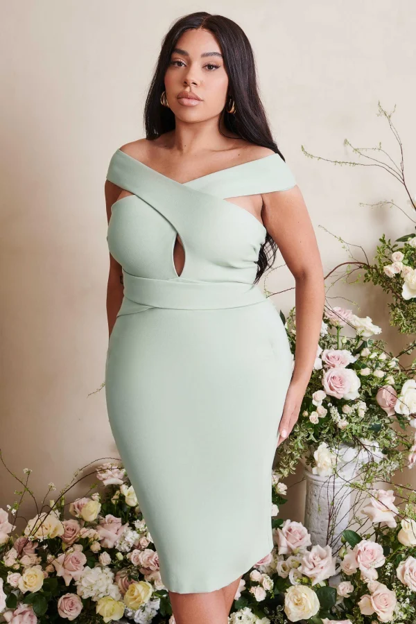 Lavish Alice Raelynn Curve Off Shoulder Wrap Ponte Dress In Sage Store