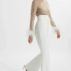 Lavish Alice Raisa Pearl Embellished Feather Cuff Jumpsuit In White Flash Sale