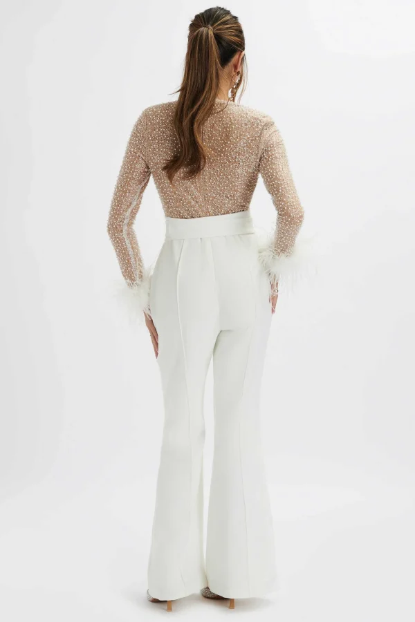 Lavish Alice Raisa Pearl Embellished Feather Cuff Jumpsuit In White Flash Sale