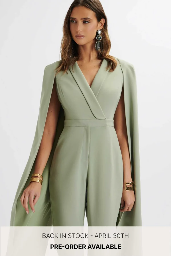 Lavish Alice Rayna Longline Cape Tailored Jumpsuit In Sage Green Shop