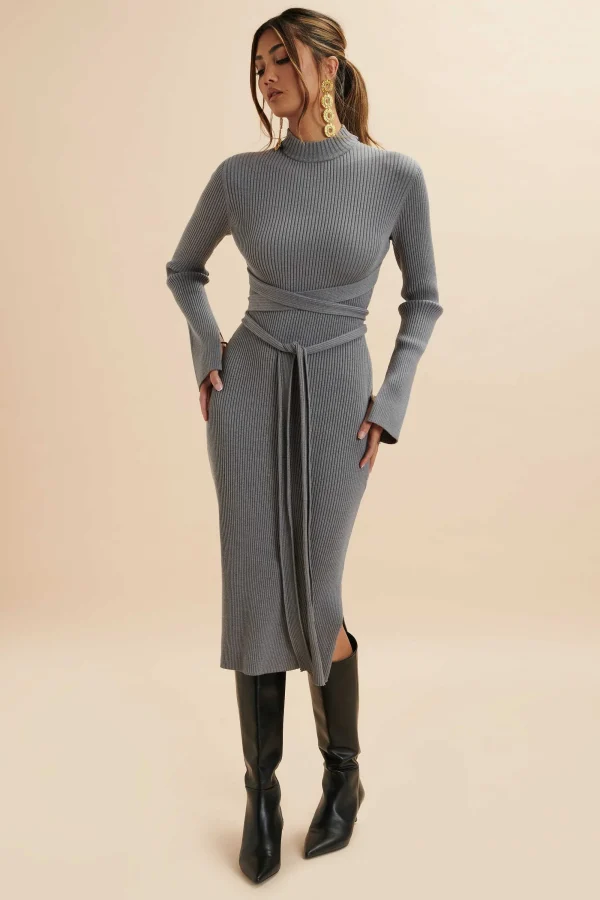 Lavish Alice Romi Knitted Ribbed Open Back Sleeved Midi Dress In Grey Fashion