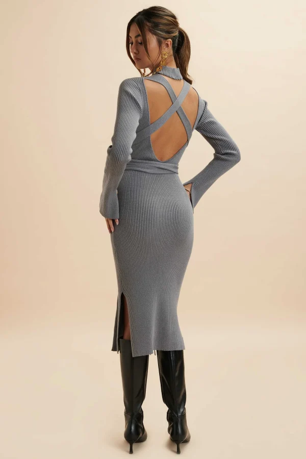 Lavish Alice Romi Knitted Ribbed Open Back Sleeved Midi Dress In Grey Fashion