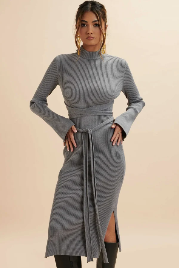 Lavish Alice Romi Knitted Ribbed Open Back Sleeved Midi Dress In Grey Fashion