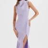 Lavish Alice Saffron High Neck Micro Button Midi Dress In Lilac Clearance