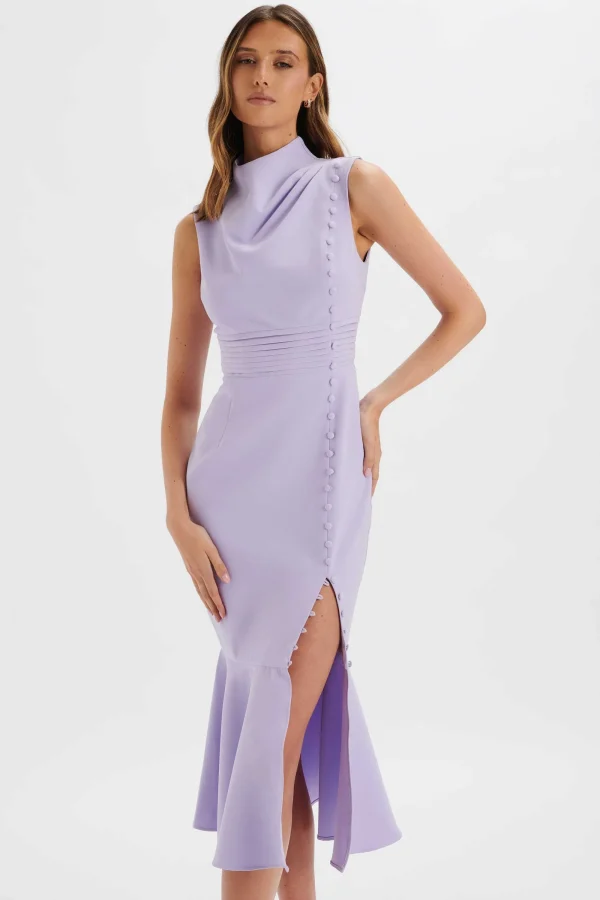 Lavish Alice Saffron High Neck Micro Button Midi Dress In Lilac Clearance