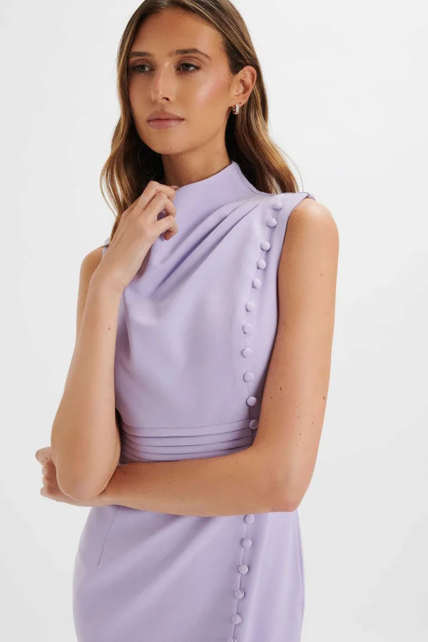 Lavish Alice Saffron High Neck Micro Button Midi Dress In Lilac Clearance