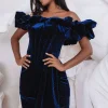 Lavish Alice Samaya Metallic Velvet Puff Bardot Mini Dress In Indigo Blue Sale