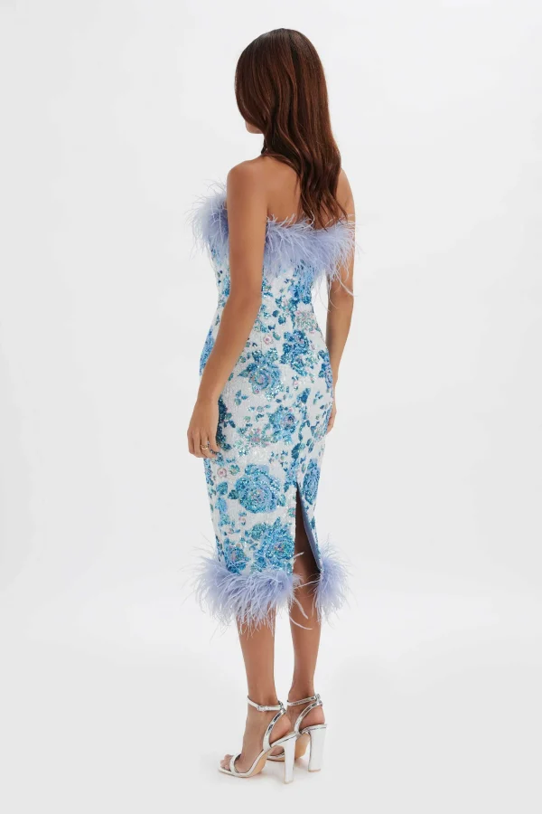 Lavish Alice Sami Feather Bandeau Midi Dress In White And Blue Rose Sequin Discount