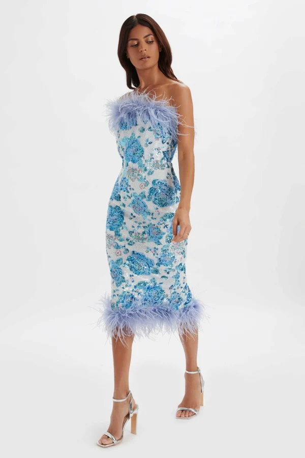 Lavish Alice Sami Feather Bandeau Midi Dress In White And Blue Rose Sequin Discount