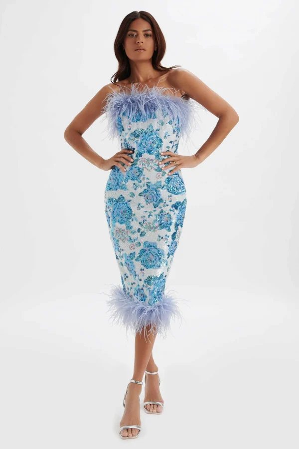 Lavish Alice Sami Feather Bandeau Midi Dress In White And Blue Rose Sequin Discount