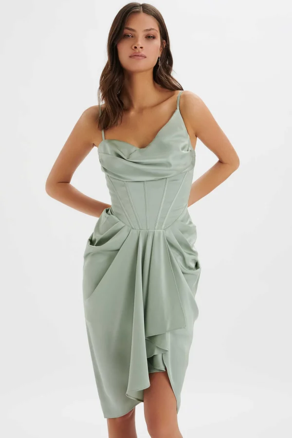 Lavish Alice Selah Asymmetric Cowl Neck Draped Midi Dress In Sage Cheap