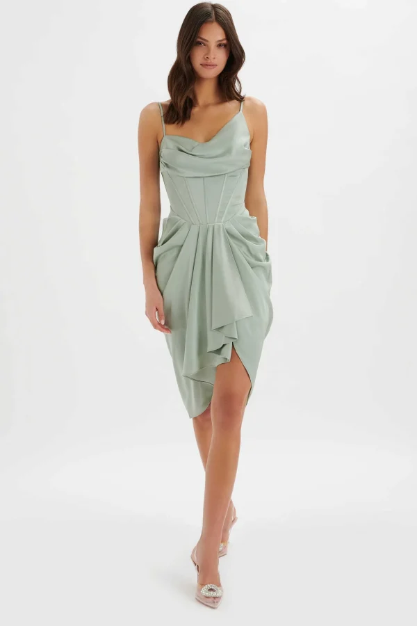 Lavish Alice Selah Asymmetric Cowl Neck Draped Midi Dress In Sage Cheap