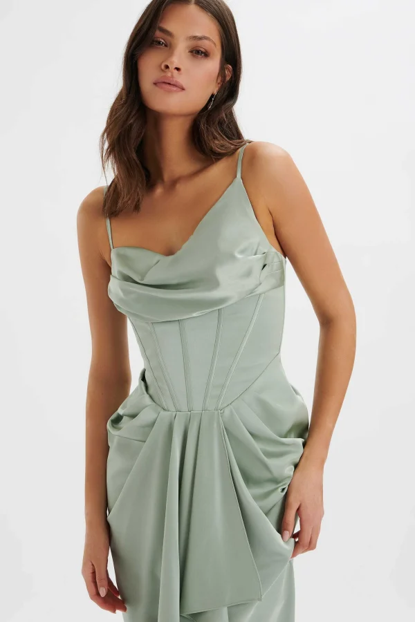 Lavish Alice Selah Asymmetric Cowl Neck Draped Midi Dress In Sage Cheap