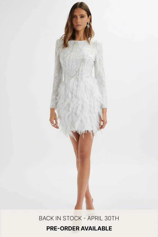 Lavish Alice Selene Embellished Feather Mini Dress In White Hot